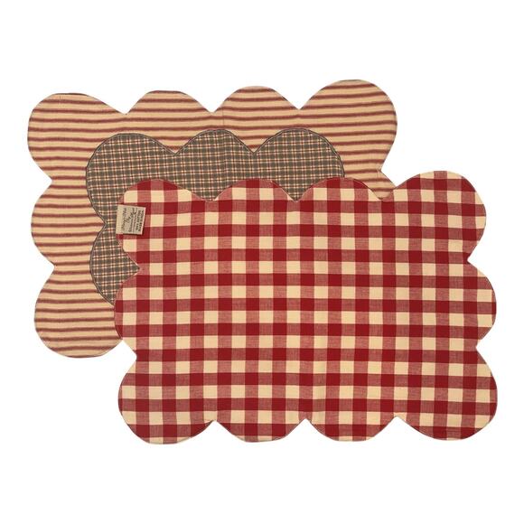 Set of 4 Summers Edge Placemat Set Red Blue Tan Country Picnic Scalloped Striped - Picture 2 of 12